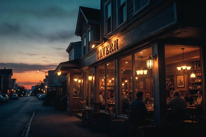 neighborhood tavern glowing at dusk with people talking inside