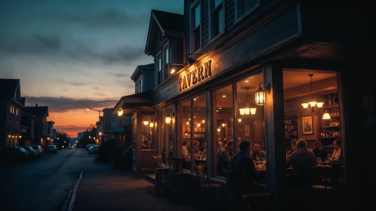 neighborhood tavern glowing at dusk with people talking inside