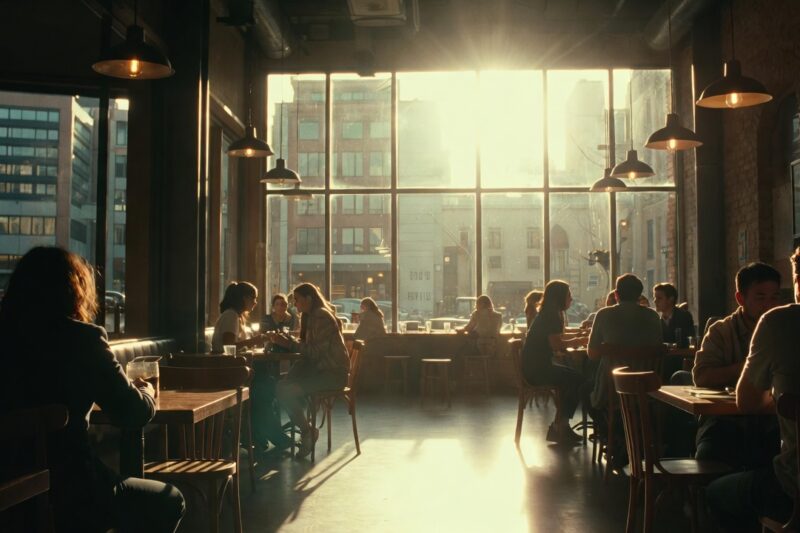 cozy urban café with people sitting quietly under warm sunlight