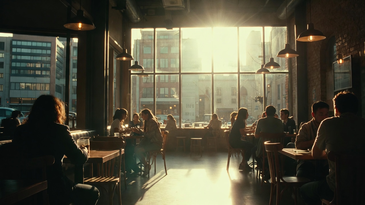 cozy urban café with people sitting quietly under warm sunlight